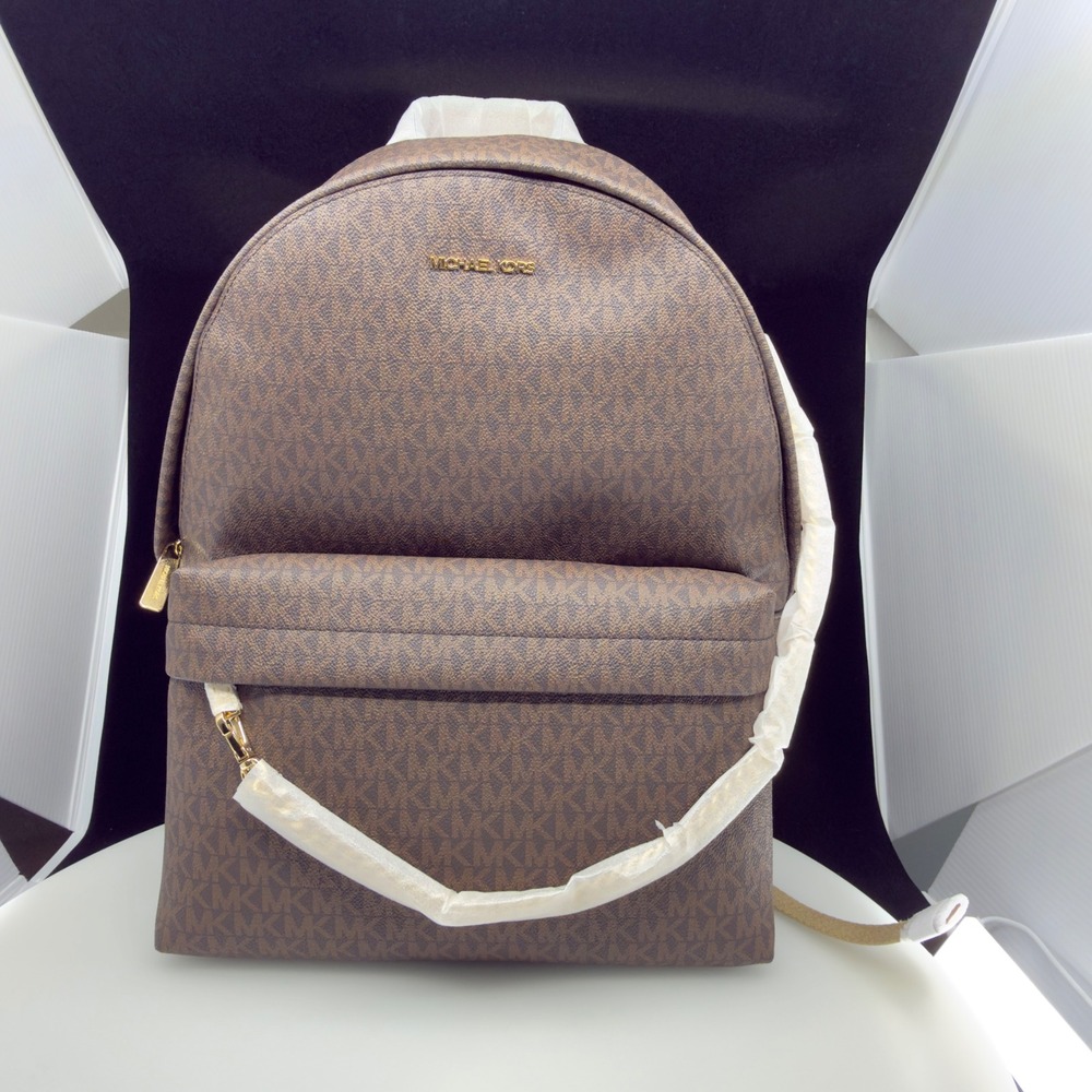 Michael Kors Backpack Women Large Brown New Monogram Signature Logo Travel Bag